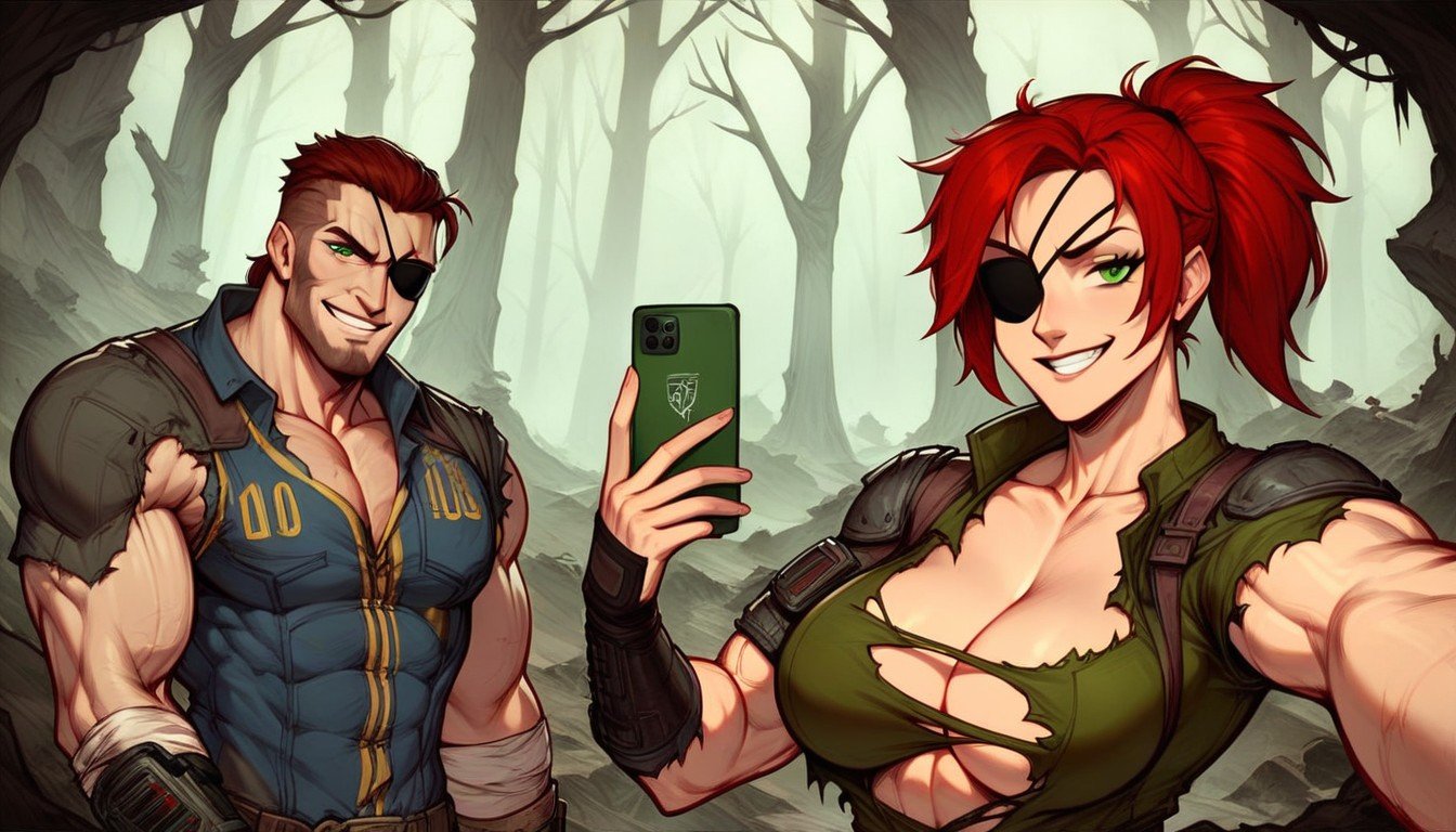 Torn Clothes, One Woman Woman Fallout Wasteland Vault Red Hair Ponytail Green Eyes Eye-patch, Smirk AI Porn