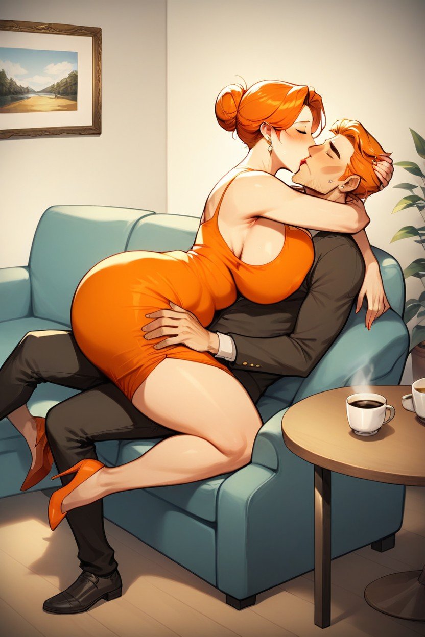 Orange Hair, Man In Living Room With, Cute AI Porn