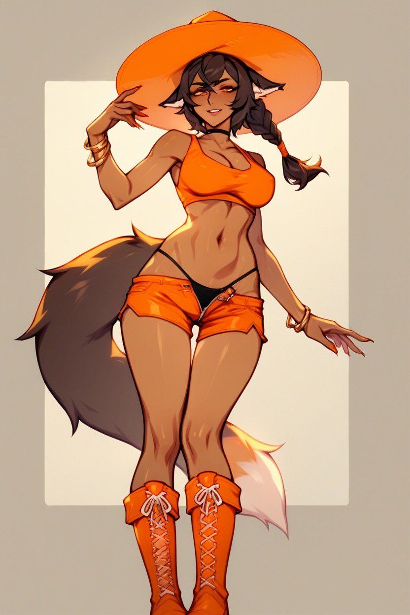 Knee Length Orange Boots She Has Dark Hair In A Ponytail And A Dark Complexion, 아시아 여성, Foxxy Love From Drawn Together Dresses With An Orange One Shouldered Crop TopAI 포르노