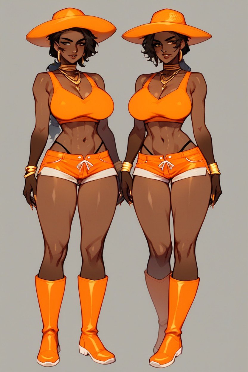 A Black Thong A Pair Of Orange Shorts An Orange Hat With Two Fox Ears Dark Orange Furry Bracelets And A Pair Of Tall, 黑人, Knee Length Orange Boots She Has Dark Hair In A Ponytail And A Dark ComplexionAI黃片