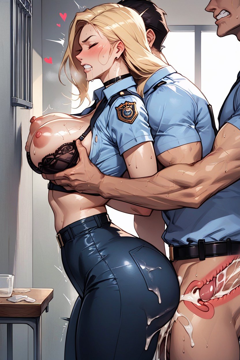 Cabelo Loiro, Female Police Officer, Drooling Cum From Mouth Onto Tits Pornografia de IA