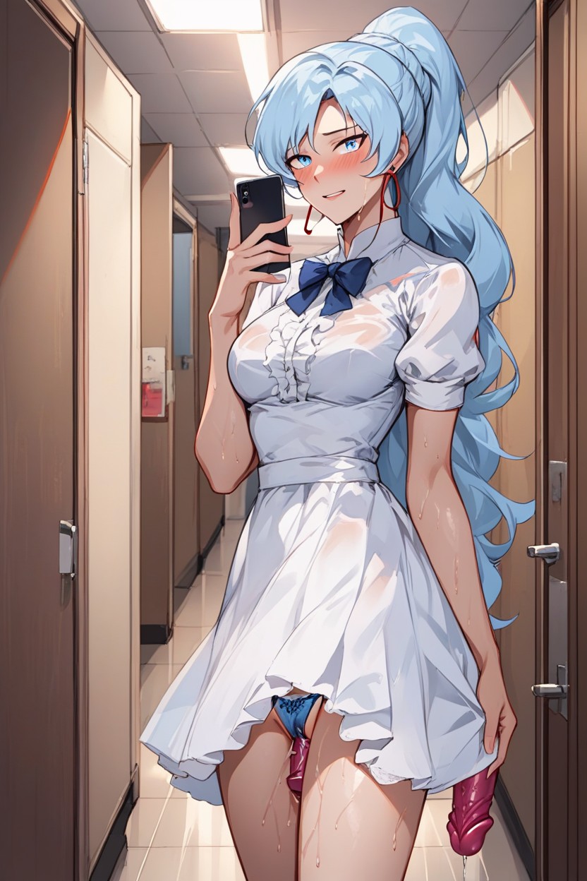 Long White Ponytail, School Hallway, Blue Panties FrillyヘンタイAIポルノ