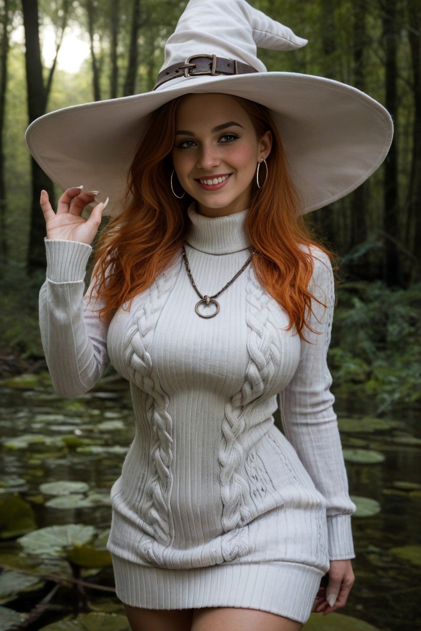 Wide White Witch Hat, Haunted Swamp Forest, Maliciosa (sorrindo Enquanto Ruborizada) Travesti IA Pornô