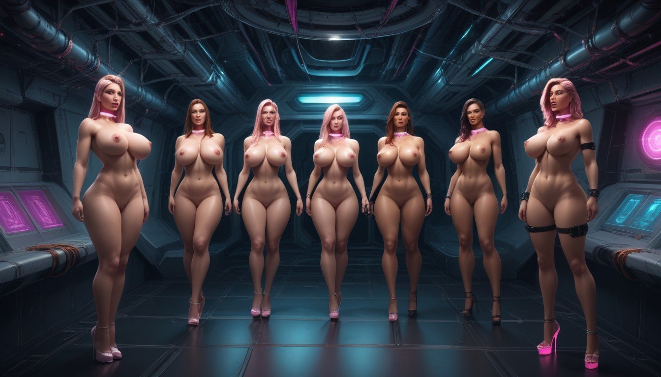 Human Women Are Lined Up Standing At Attention With Arched Backs, Coxas Grossas, Nave Espacial Pornografia de IA