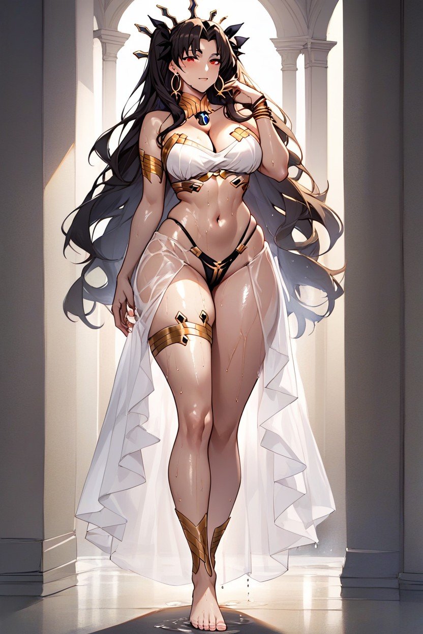 フルボディ, オイルを塗った肌, With Her Top Being A White Bra That Is Outlined With Gold And Exposes A Bit Of Cleavage Along With Her Lower Back And Stomach On Her Bottom Is A Jeweled Black-gold Thong She Also Wears A Dark Blue Stirrup With Gold Ornaments On Her Right LegAIポルノ