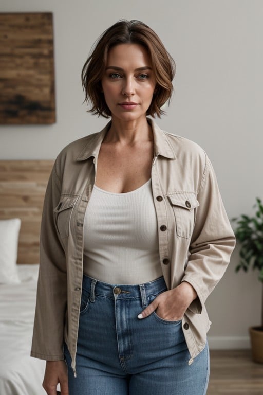 Piercing Gaze And Perfectly Symmetrical Features The Overall Mood Of The Image Is Serene, Accentuating Her Minimalist And Casual Style, Very Short Hair AI Porn