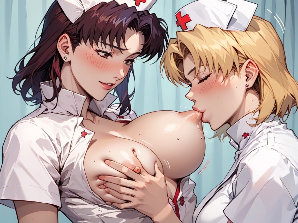 Nurse Costume Ritsuko Akai Is Clothed Like Nurse And Giving To Misato Katsuragi Misato Katsuragi Is Nud Ewuthe Diaper And Suckling Breast Of Ritsuko Akagi, 2 Personas, Ojos MarronesPorno AI