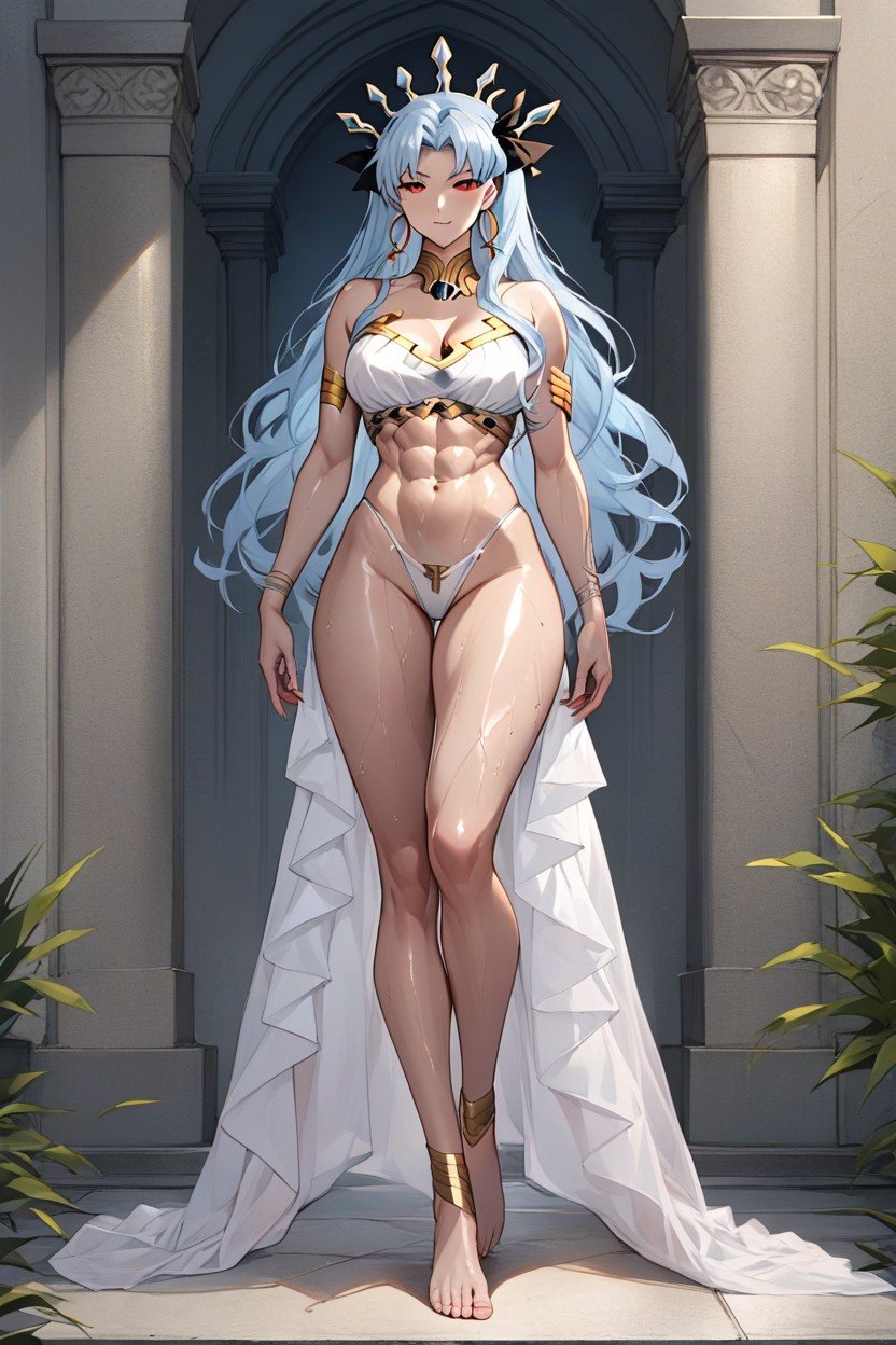 Full Body, With Her Top Being A Black Bra That Is Outlined With Silver And Exposes A Bit Of Cleavage Along With Her Lower Back And Stomach On Her Bottom Is A Jeweled Black-silver Thong She Also Wears A Dark Blue Stirrup With Silver Ornaments On Her Right Leg, Light Blue Hair AI Porn