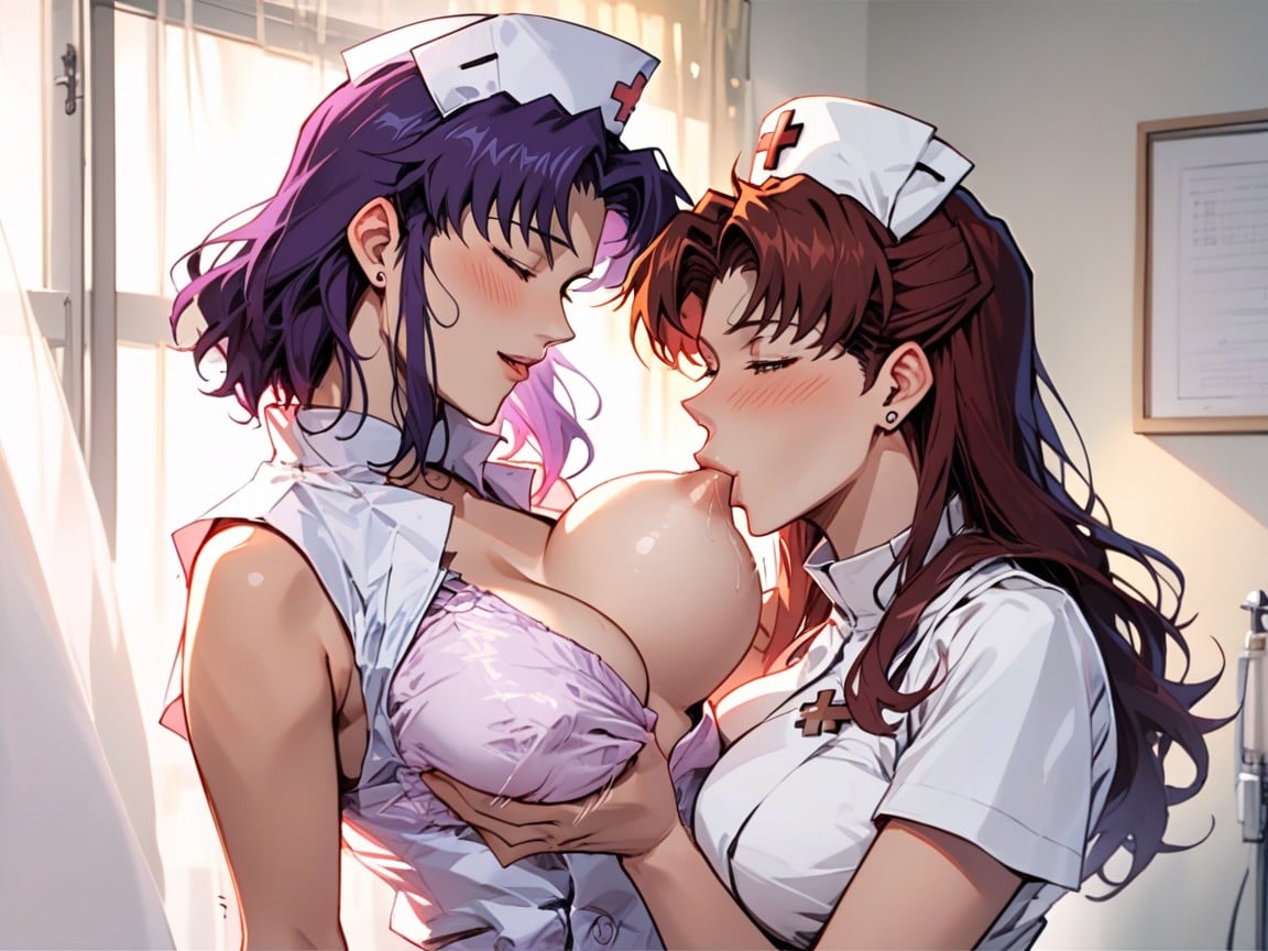 双人图, 短发, Professor Ritsuko Akagi In Neon Genesis Evangelion Have Nurse Costume Ritsuko Akagi Is Clothed Like Nurse And Giving To Misato Katsuragi Misato Katsuragi Is Nud Ewuthe Diaper And Suckling Breast Of Ritsuko AkagiAI黄片