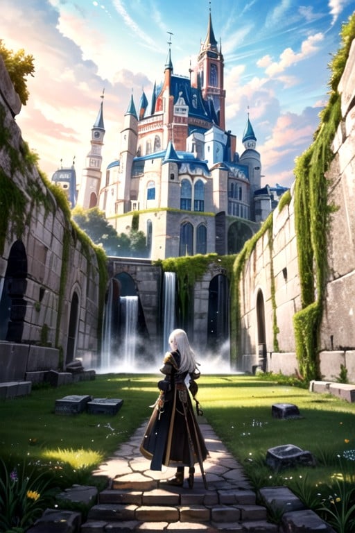 A Strong Warrior Woman Stands With Her Back To The Viewer, A Broken Statue Sits In The Background, Waterfall Over The Ruins Of A Fantasy CastlePorno IA de transexuales