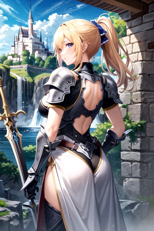 Sword On Hip, Fully Armored, Blonde Hair Pornografia de IA