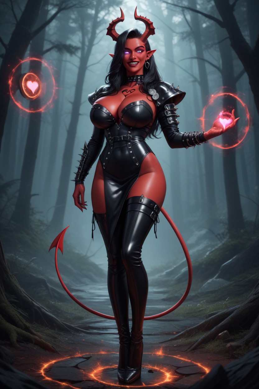 Lustfull Metal Alchemistas A Succubus + Skinny Large Round Breasts Heart Shaped Ass Black Curved Horns Red And Black Devils Tail Black Hair Long Legs Tall Delicate Features Strong Jaw Cloven Goats Hooves Red Skin Skinny Rounded Breast Rounded Ass Horny Purple Eyes Black Hair Long Length Touching Lip Lecherously Wicked Smile Inviting Smile Standing Cleavage Glowing Eyes Looking At Viewer Tattoo Close Up Front View Devil Elf Ears Studded Leather Armor Succubus Hands Glowing With Dark Magic Dark Forest Portal To Hell In The BackgroundAI黃片