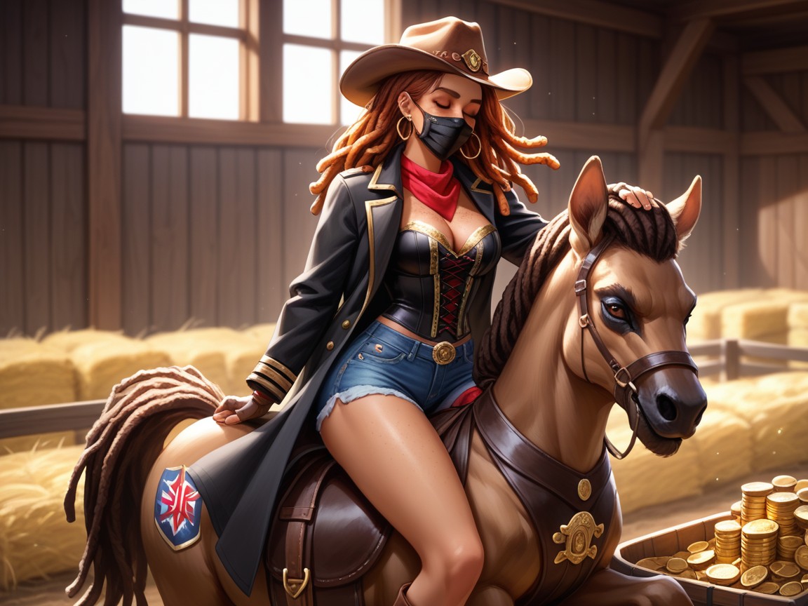 Black Cowboy Hat, Freckles, Black Corset With Gold Trim Hentai AI Porn