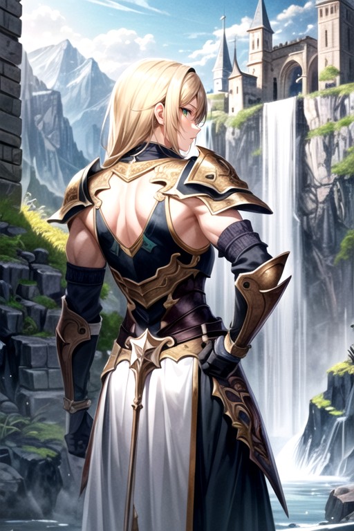 Sword On Hip, Looking Into The Distance, Waterfall Over Castle Ruins헨타이 AI 포르노