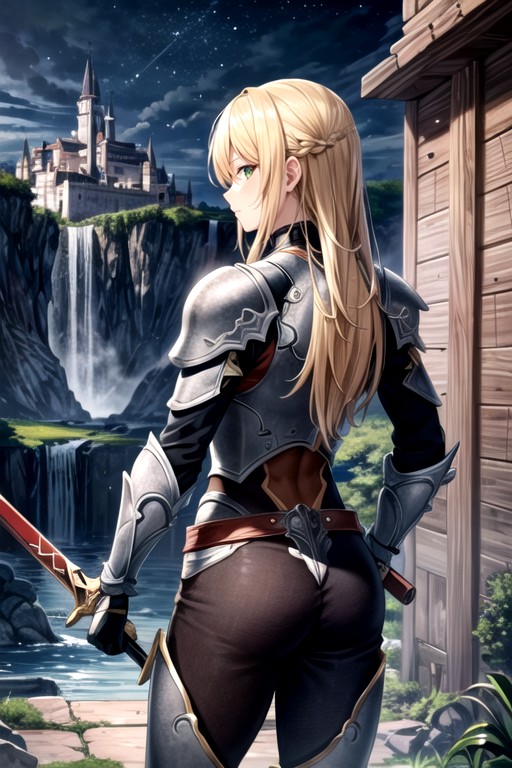 Waterfall Over Castle Ruins, Sword On Hip, Looking Into The DistancePorno AI Hentai