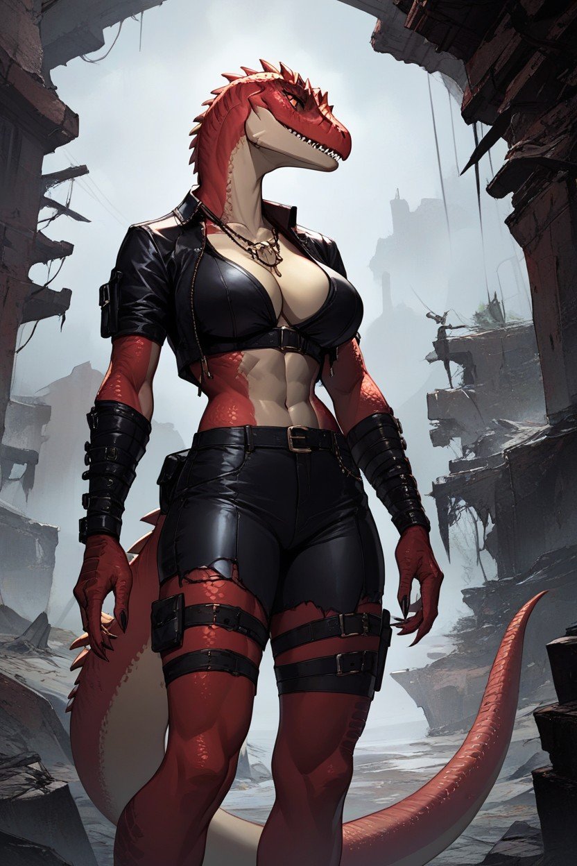 Red Scales Apocalyptic Ruins, Anthropomorphic Dinosaur Woman In LeatherAI黄片