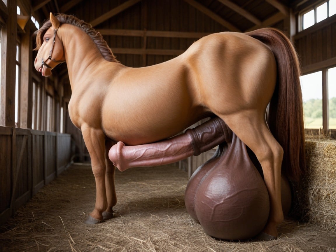 Massive Balls, Extremely Futanari Taur Human With A Taur Body With Hyper Double Pony Cock, 사이드뷰퍼리 AI 포르노