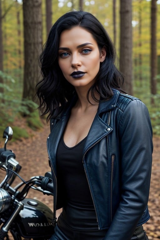 Confident Woman Black Hair Blue Eyes Black Lipstick Leather Jacket Woodland Road With A Motorcycle In Background Фурри AI порно