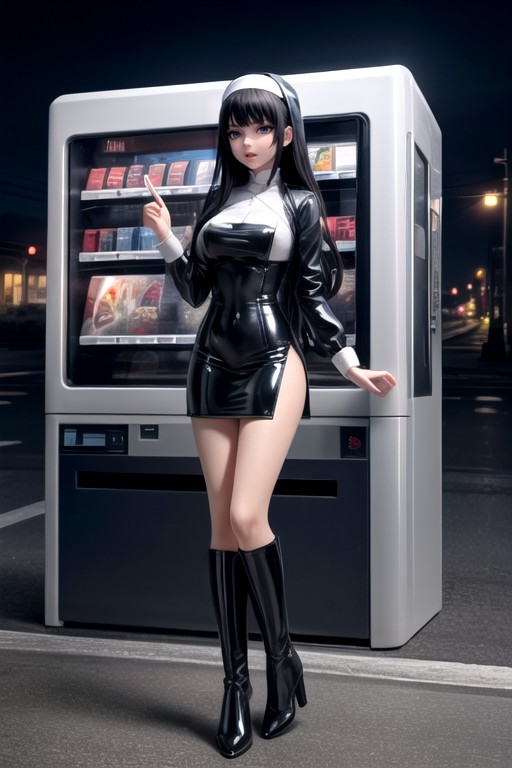 Licking Her Lips, Holding A Vending Machine, Latex MiniskirtPorno IA