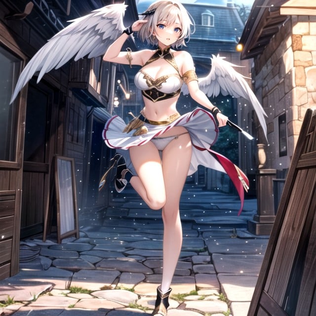 A Beautiful Male Valkyrie Wearing A White Bralette And A White Flared Skirt Running With Exposing His White Panties, 迷你裙, 全身AI黄片