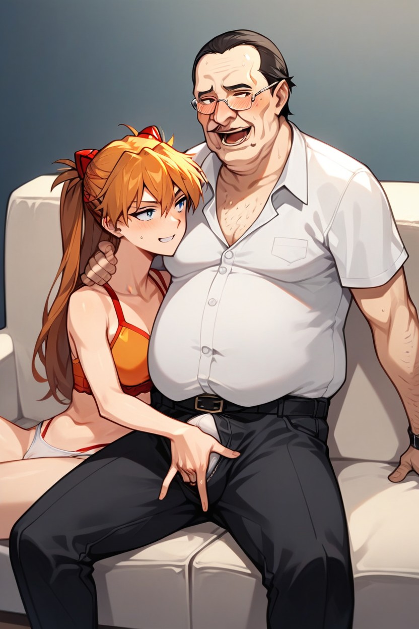 Man Reaching His Hand Into Girls Pussy, Ultra Detailed, Ugly Old Man Relaxed Sitting On The CouchPorno IA de transexuales