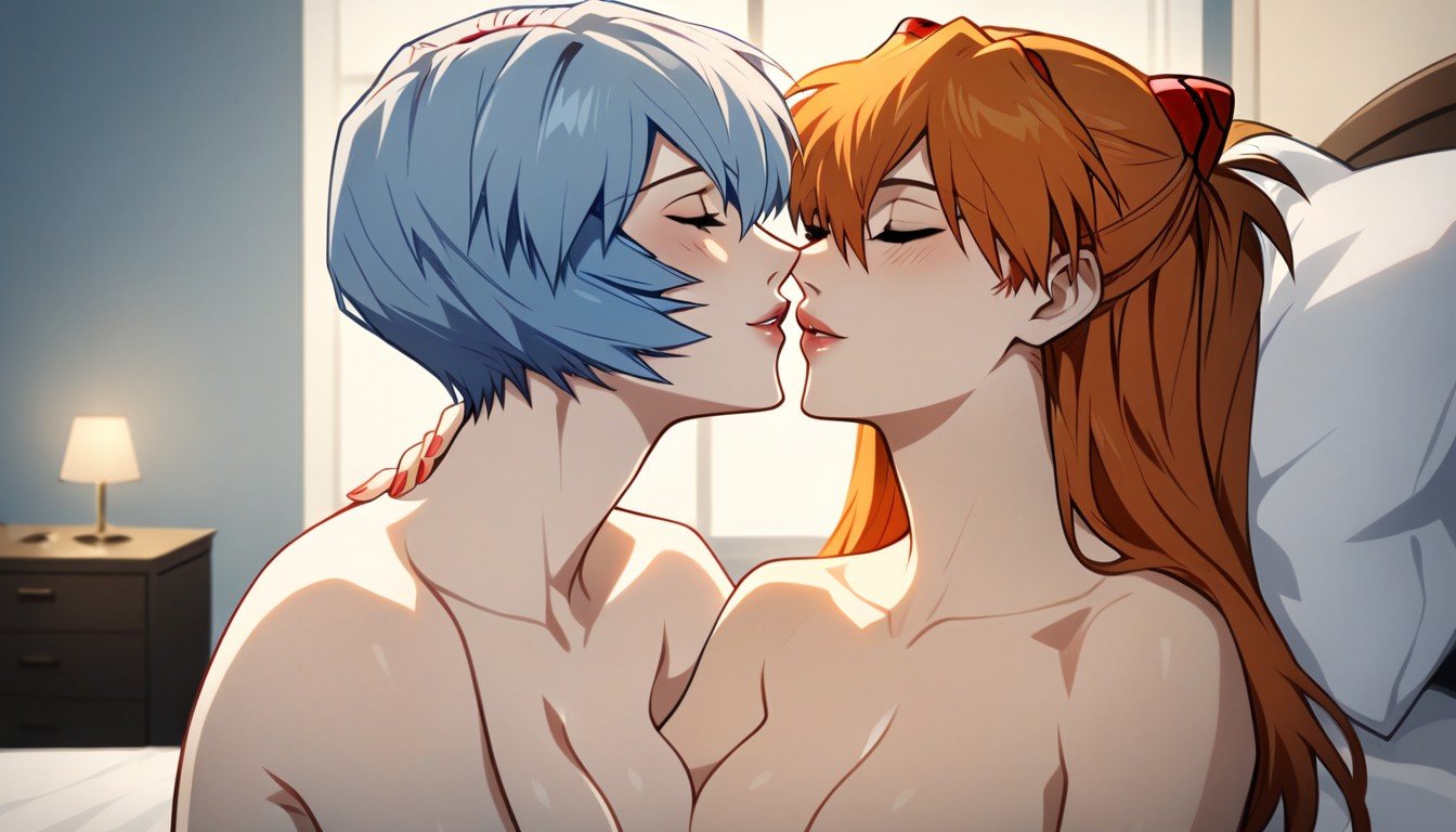 Blue Haired Ayanami Rei Sitting On Anothers Legs, Blue Haired Ayanami Rei Sitting On Knees With Her Knees Outside Of Anothers Leg, One Woman Hardly Press Own Lips Against Another Girls Lips人妖AI色情