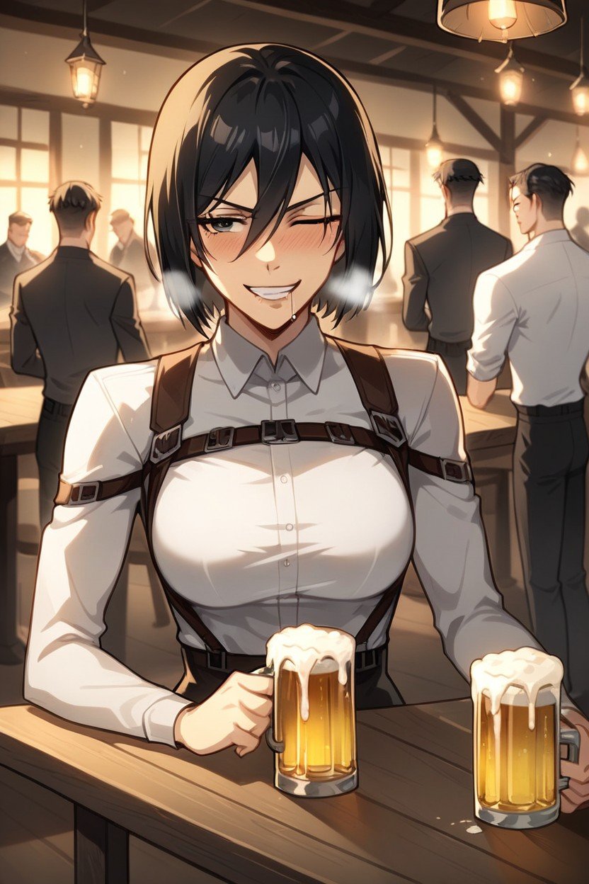 In Focus, Survey Corps Clothes, She Is Tiredly Lean On The TableAI 포르노