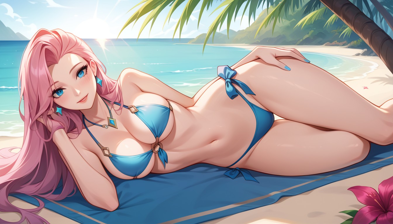 Seraphine From League Of Legends, Plage, Yeux BleusPorno IA