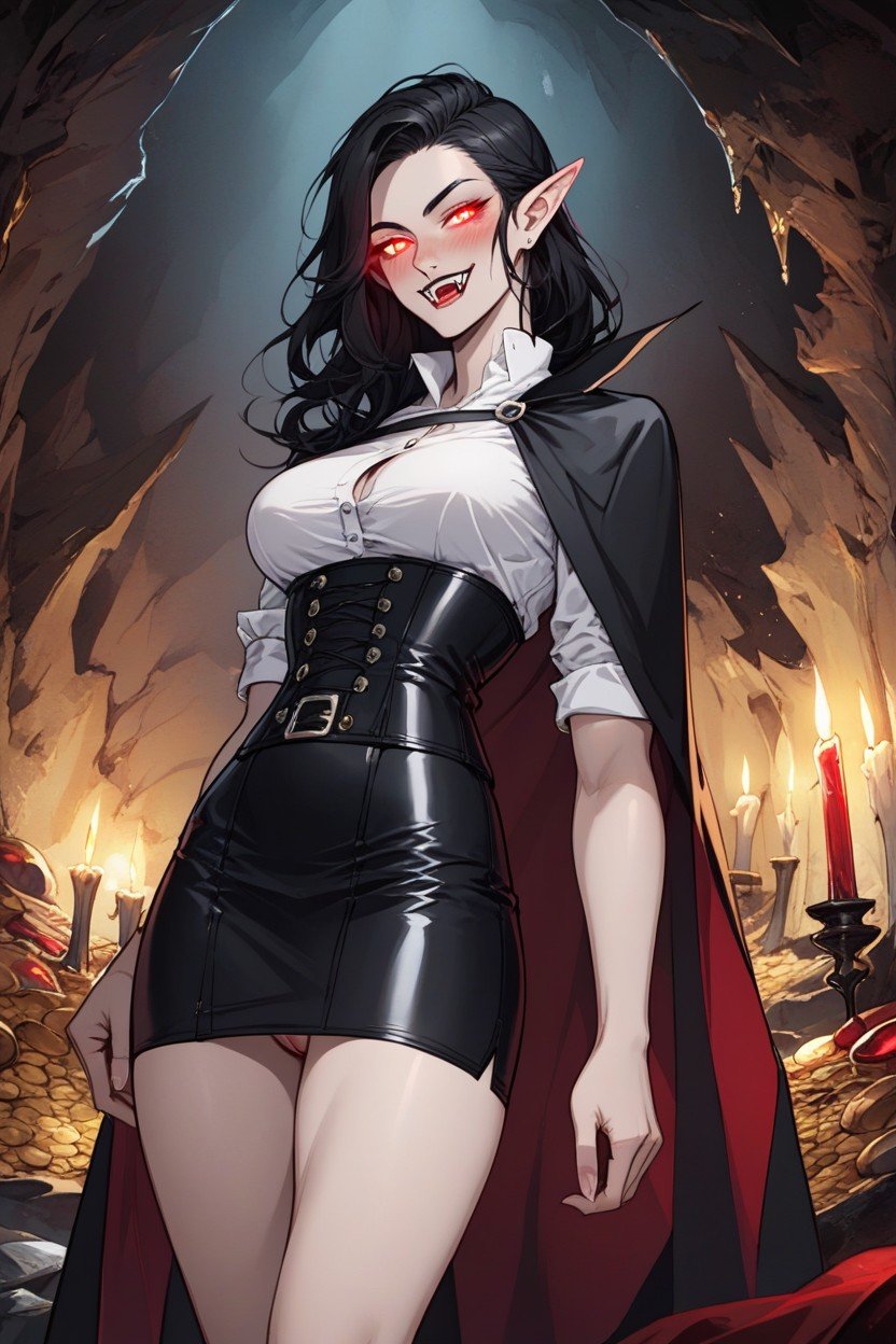 Black Leather Skirt, Vampire Fangs, Form Fitting Clothes Hentai IA pornografia