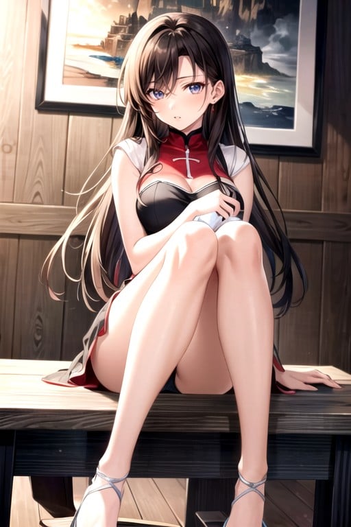 Rin Tohsaka Is Sitting On The Table With His Legs Crossed Pornografia de IA