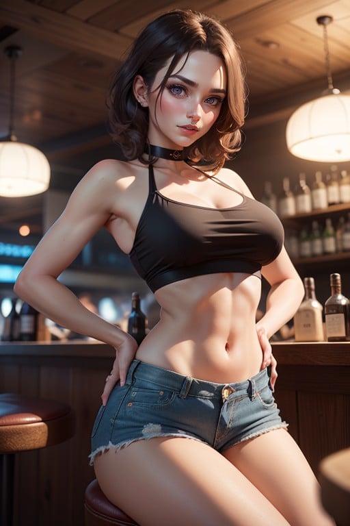 Neon, She Is Dressed In Denim Shorts And A Top, Crop Top AI Porn