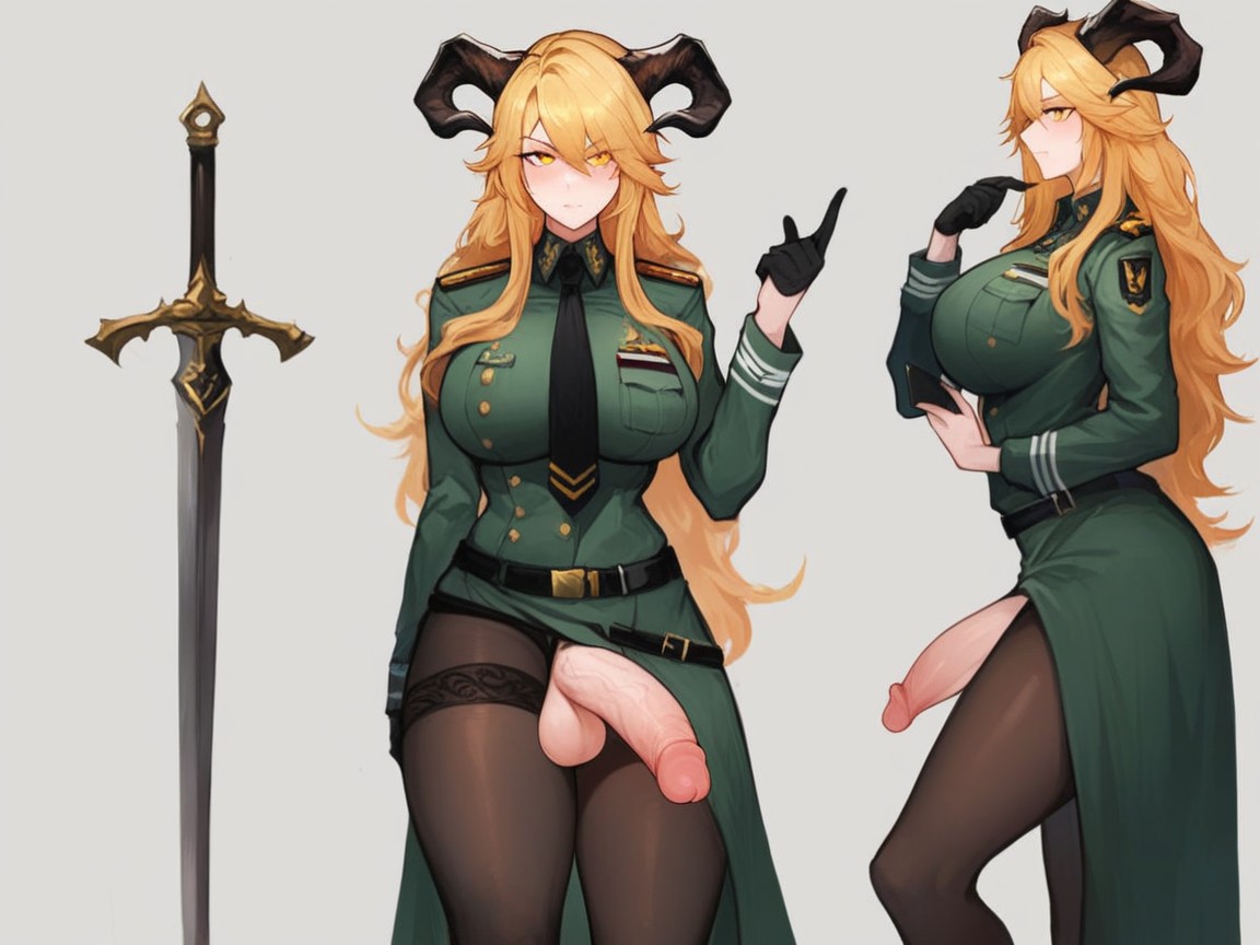A Black Tie, Golden Eyes And A Serious, And Various Medals On Her Chest Shemale AI Porn