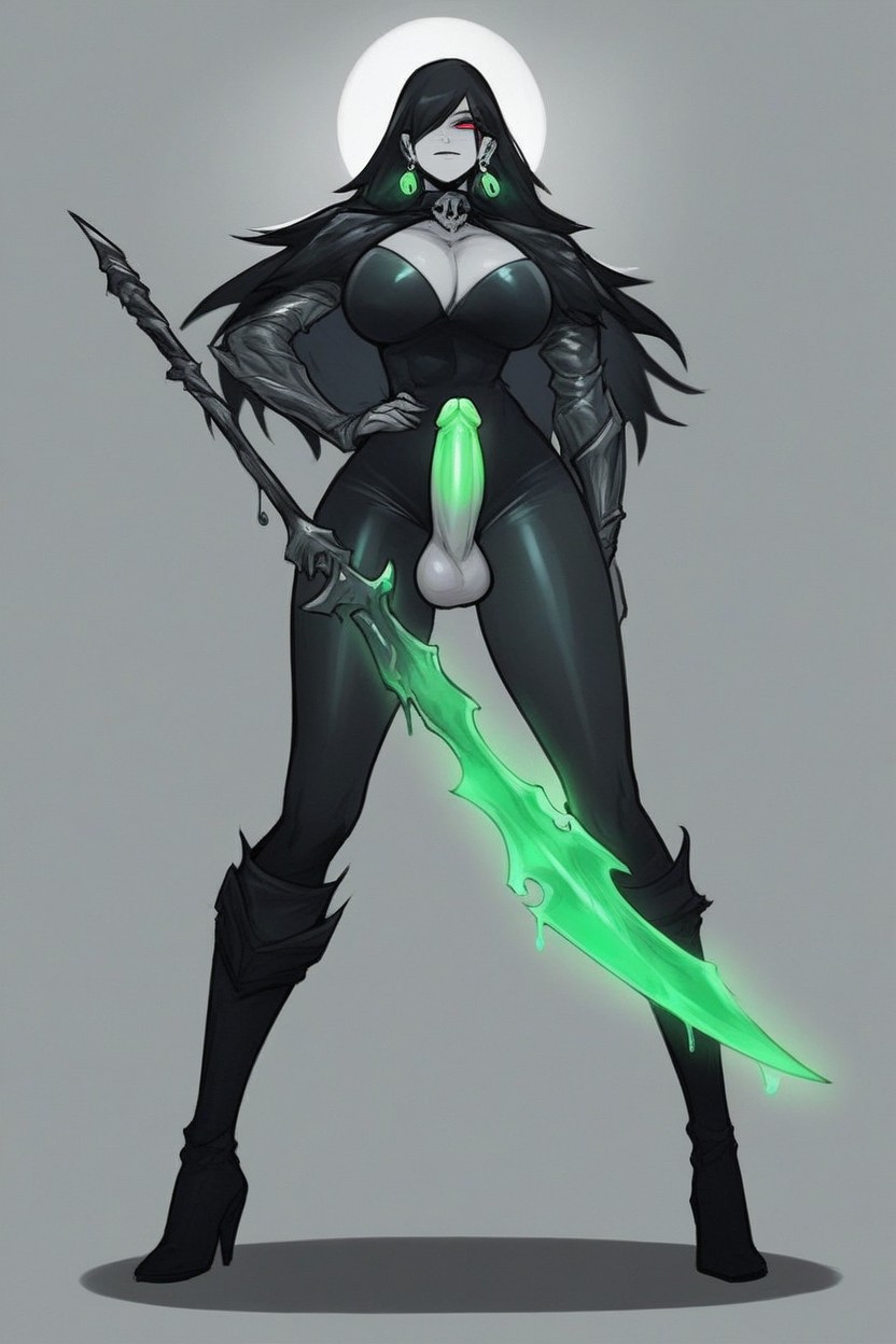 Which Contrasts With Her Dark Attire She Wears A Gray Scarf, Hand On Her Hip, Otherworldly Look She Wields A Large Shemale AI Porn