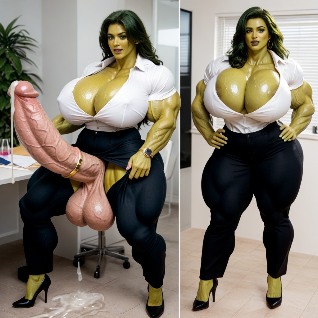 She Hulk Transform Into A Hyper Big Massive Ripped Muscle Futanari With Hyper Extremely Swollen Veins, Shocked, Muscular Body Shemale AI Porn