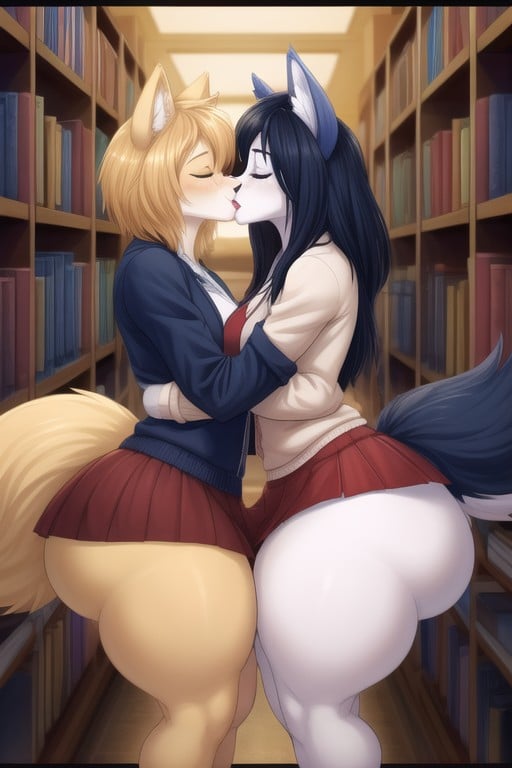 Girls Kissing, Many People Around, Library Furry AI Porn