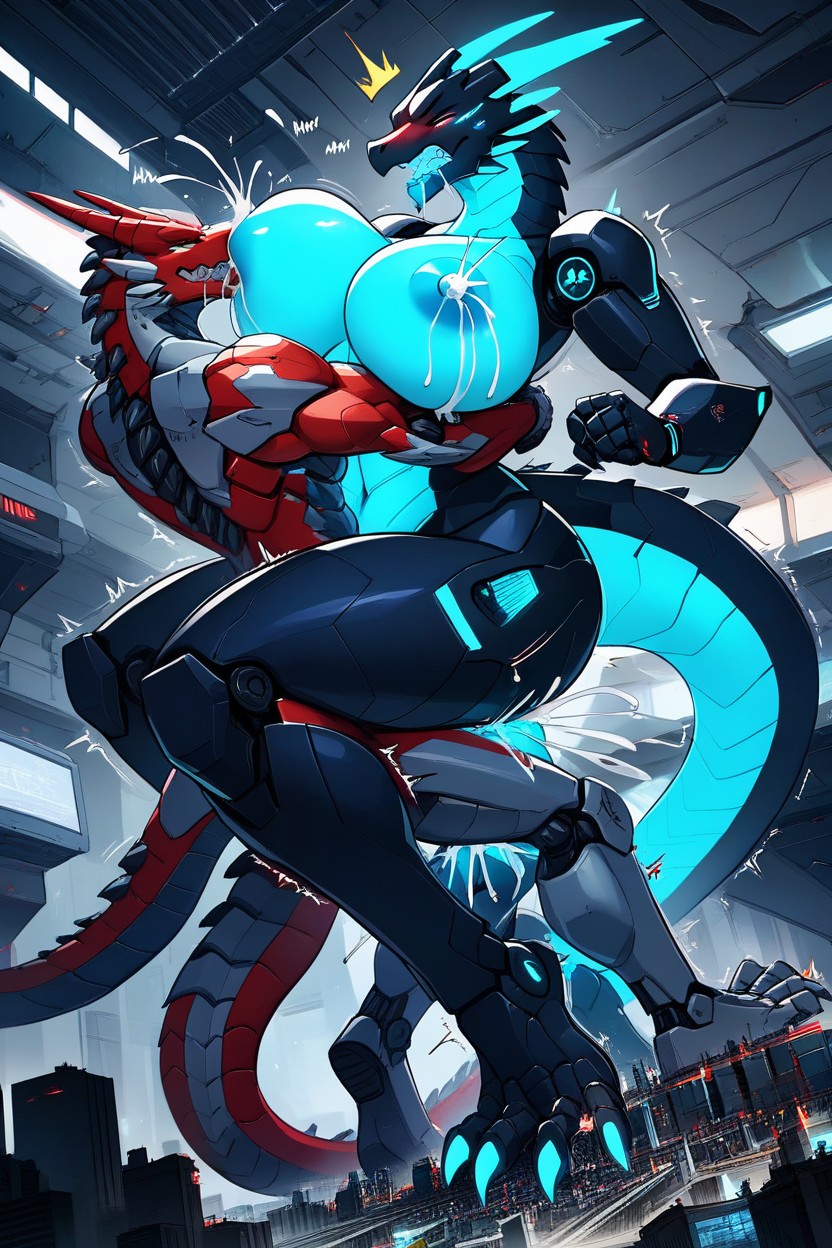 Blushing, Blue Glowing, Mech Dragon Furry AI Porn