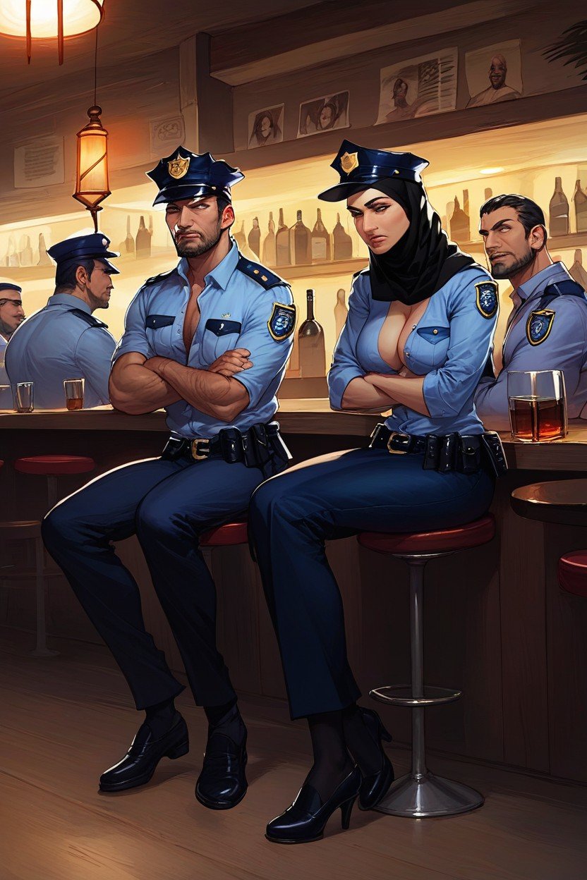 Skinny, Police Costume, Men Watching Furry AI Porn