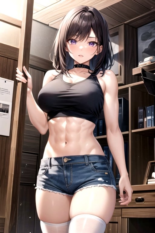 Jean Shorts, Purple Eyes, Crop Top Shemale AI Porn