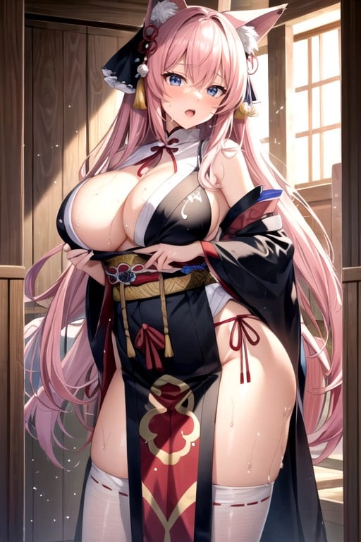 Samurai Shrine Maiden Fox Ears No Tail Long Pink Hair Blue Eyes Tall Big Breasts Breast Milk Squirting Exposed Breasts Exhibitionist Plump See Through Shrine Maiden Outfit Toying With Each Other Sweating Embracing Getting Wet Copulation Passionate Kissing Passionate Sex Face Climax Squirting Covered In Love Juice Ejaculation Covered In Semen Standing Doggy Style Sex Hip Slamming쉬메일 AI 포르노