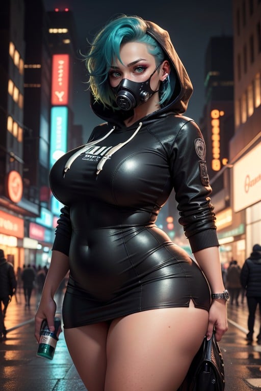 青い髪, パーカー, Cyberpunk Freckles Tan Glowing Green Hair Mouth Gas Mask Bright Futuristic Clothes Dark Makeup Cyberpunk City At NightAIポルノ