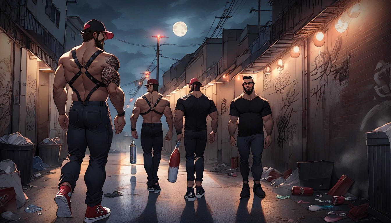 Dark Red Lights, Hairy Chest, 2 People AI Gay Porn