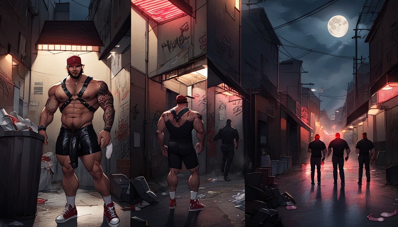 Giant Dick, Red Light District, Empty Beer Cans On Ground AI Gay Porn