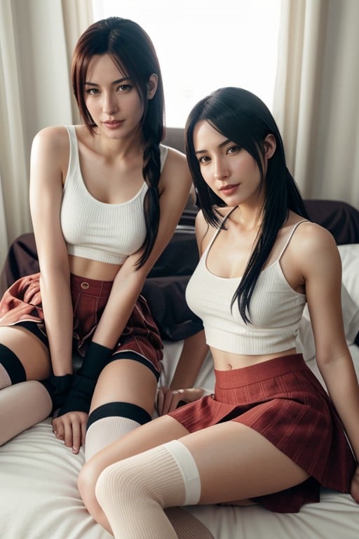 Skirt, Threesome Tifa And Asuka Sitting On Bed, Tank TopアジアのAIポルノ