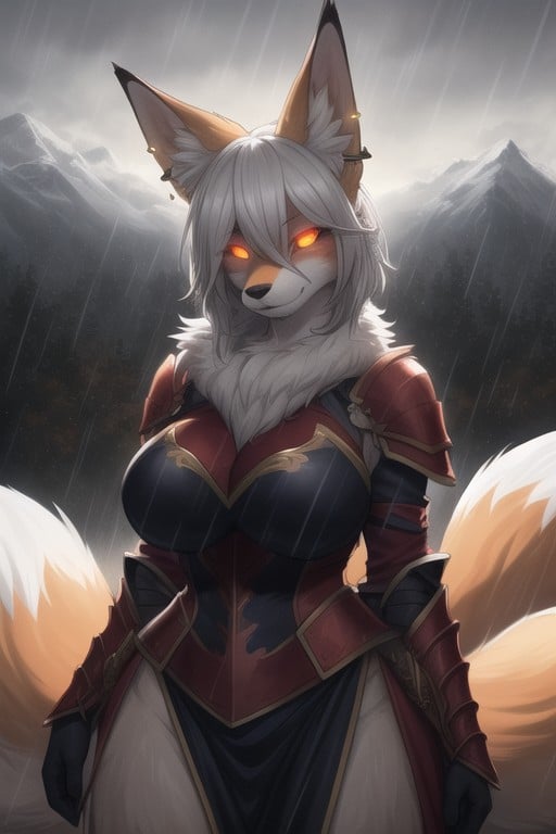 Furry Woman In Full Set Of Armor, Fog, Yeux BrillantsPorno IA Furry