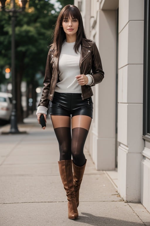 Tights Under Shorts, Black Jacket, BangsPorno AI Asiático