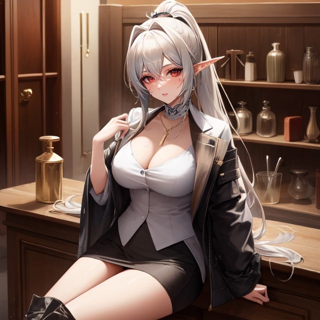 Sitting On A Table, In A White Jacket With In Black And Red Patterns, A Beautiful Demon Woman With Long Elf Ears AI Porn