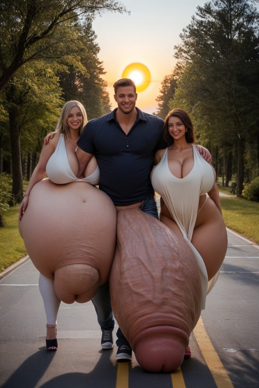 Extremely Big Man Body, Gigantic Hyper Flaccid Penis, Beautiful Homes And Trees And Sun Shining BackgroundPorno AI