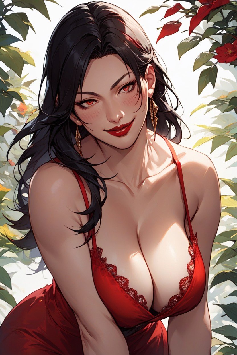 Oversize Red Spaghetti Strap Dress, Natural Close Smile, Red Lips Furry AI Porn