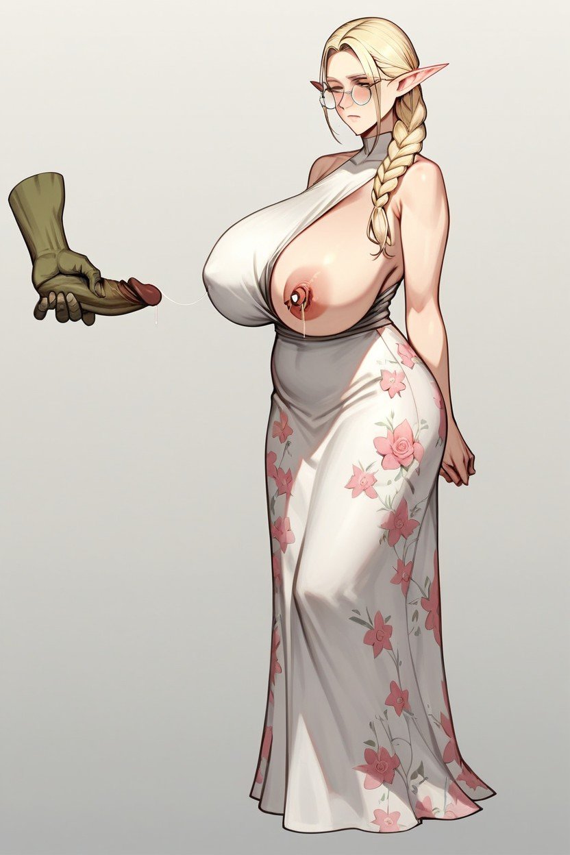 One Breast Bared, Detailed Elf Ears Woman, Blonde Haired WomanAI黃漫