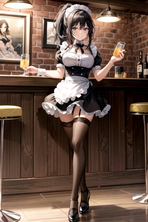 Maid Outfit, 普通の胸, Black HairニューハーフAIポルノ